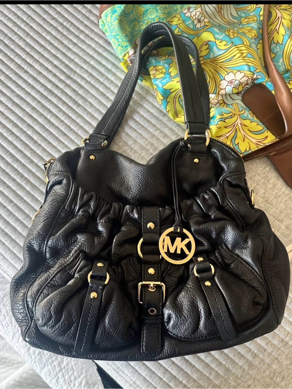 Michael Kors Black Leather Shoulder Bag with Gold MK Logo Charm